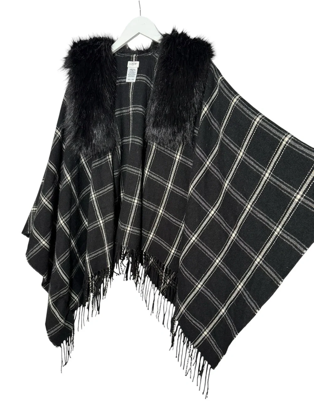 J.Crew Black White Plaid Faux Fur Cape Scarf Fringe One Size Windowpane Wrap